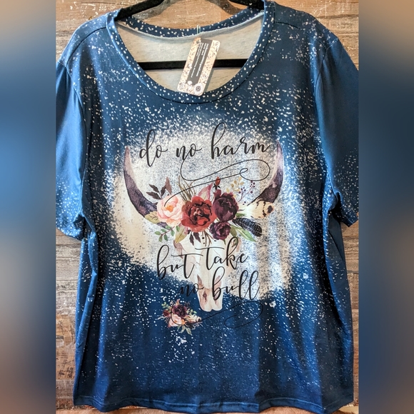 NWT Do No Harm But Take No Bull Blue Floral Bull Tee - Picture 7 of 14